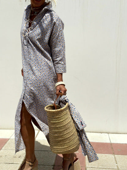 Women's half Sleeve Striped Button-Down Shirt Dress with Lapel Collar