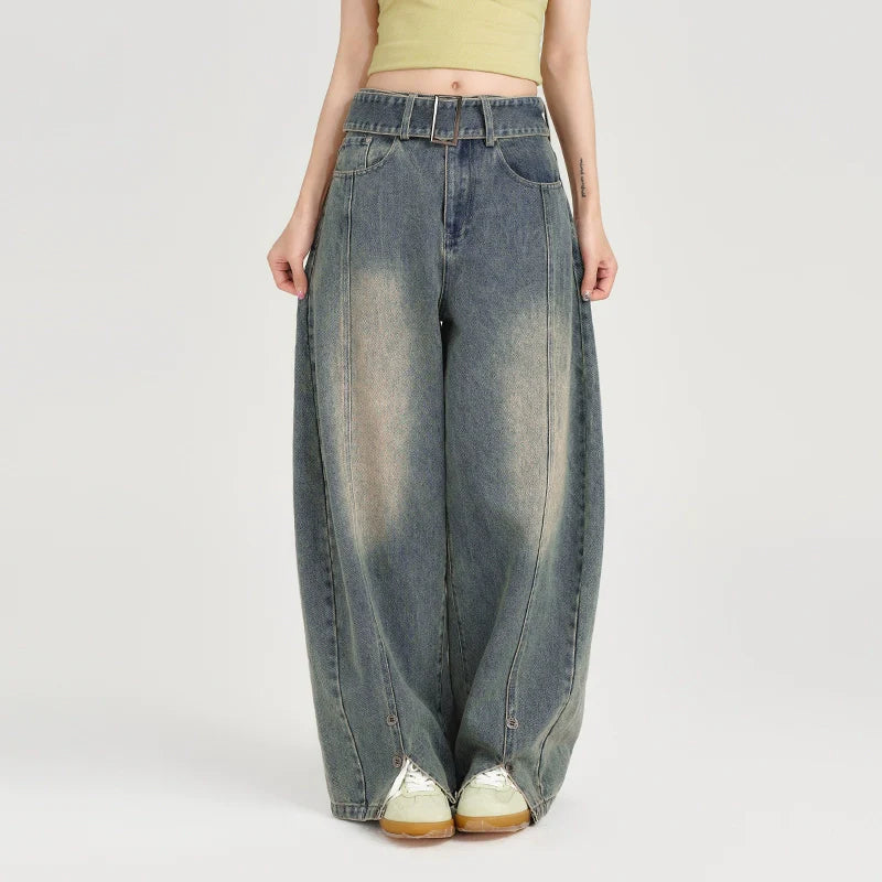 Girlyhalo Women's Vintage Washed Wide-Leg Jeans-S-Blue-Free Shipping Leatheretro