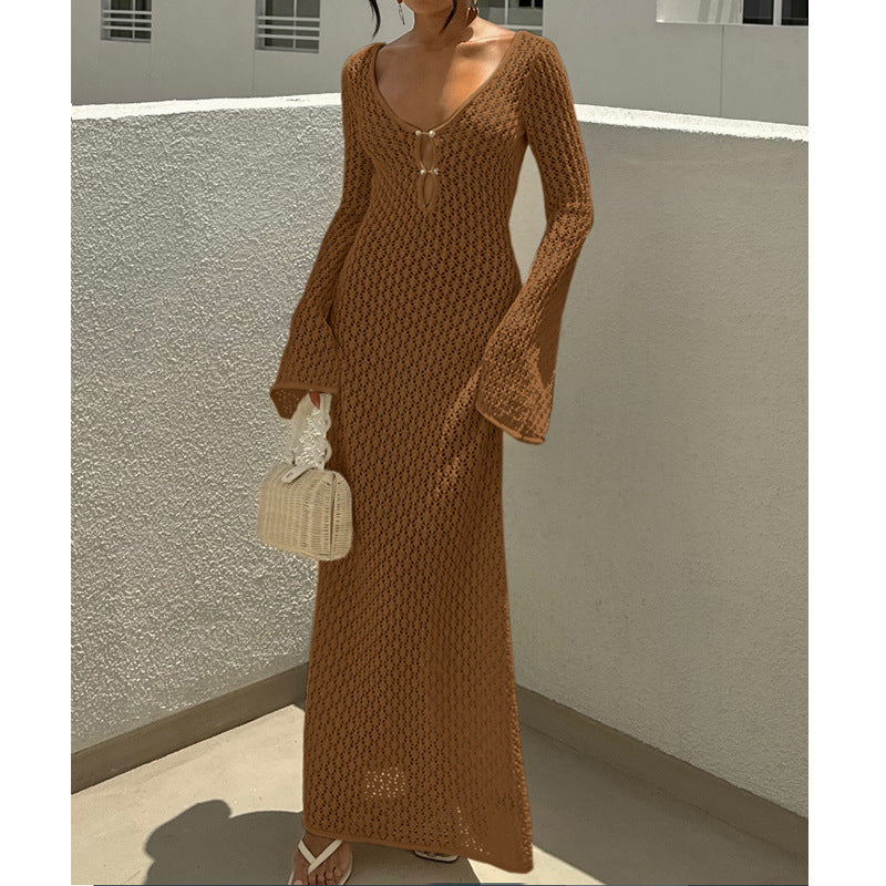 Women's V-Neck Long Sleeve Beach Cover-Up Dress