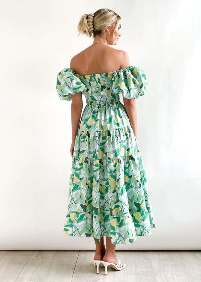 Spring Summer Off-Shoulder Floral Print Puff Sleeve Dress