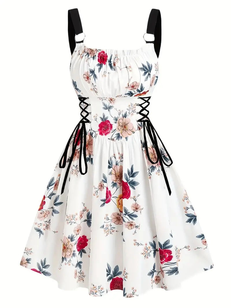 legant Floral Print O-Ring Strap Slimming Party Dress