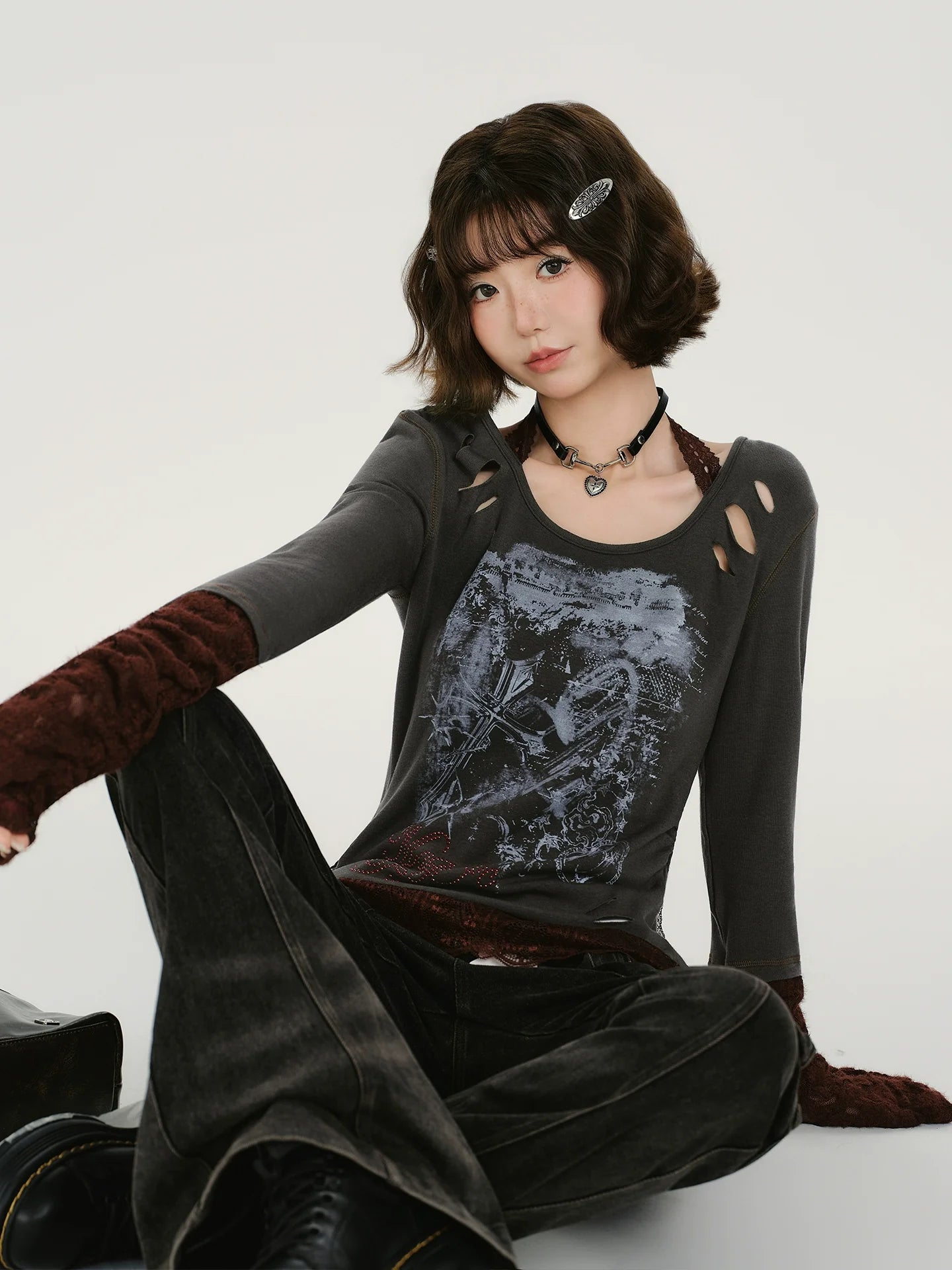 Girlyhalo Retro Patchwork Lace Distressed Long Sleeve T-Shirt