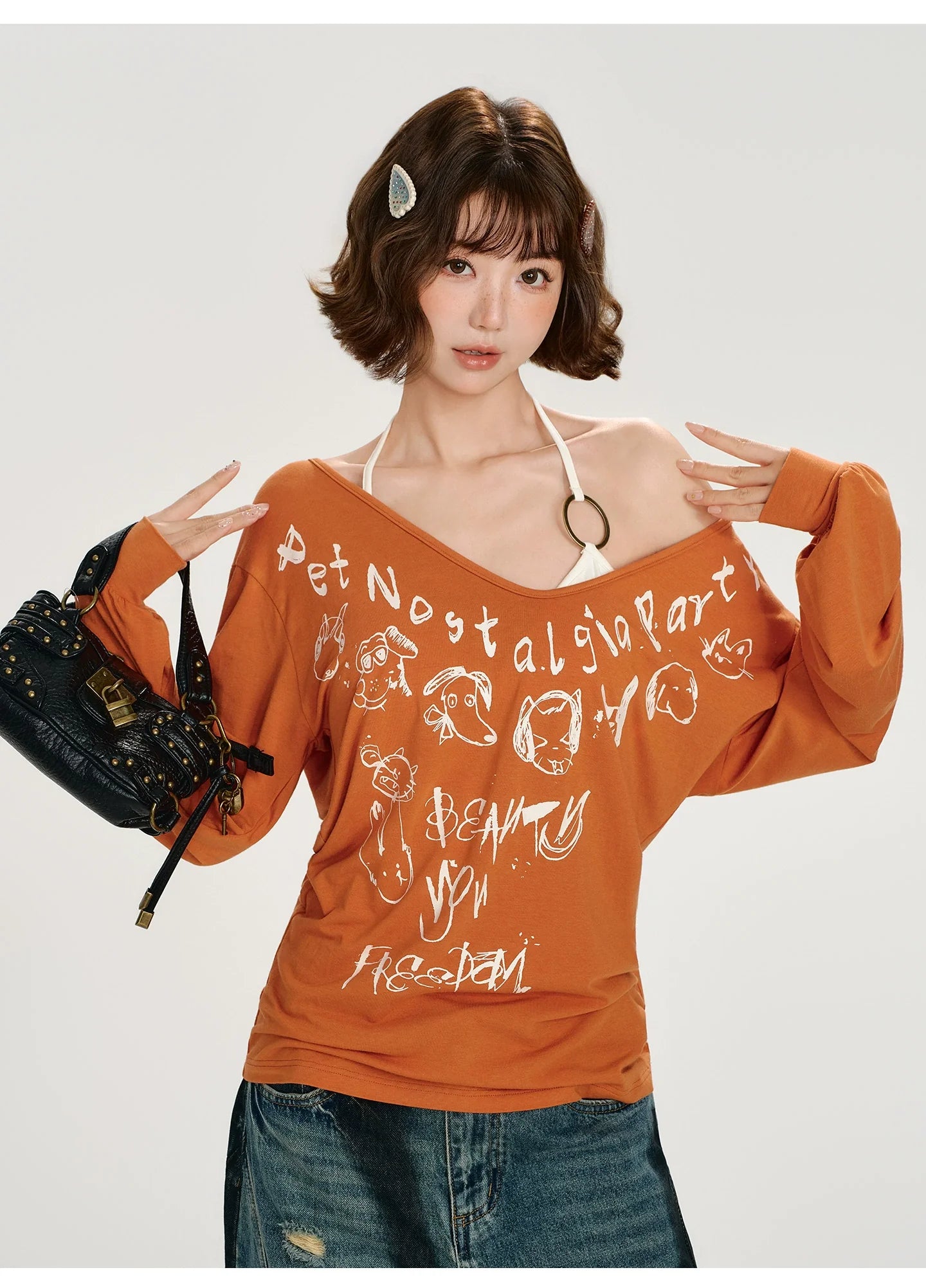 Girlyhalo Retro Babe Print Off-Shoulder Long Sleeve T-Shirt