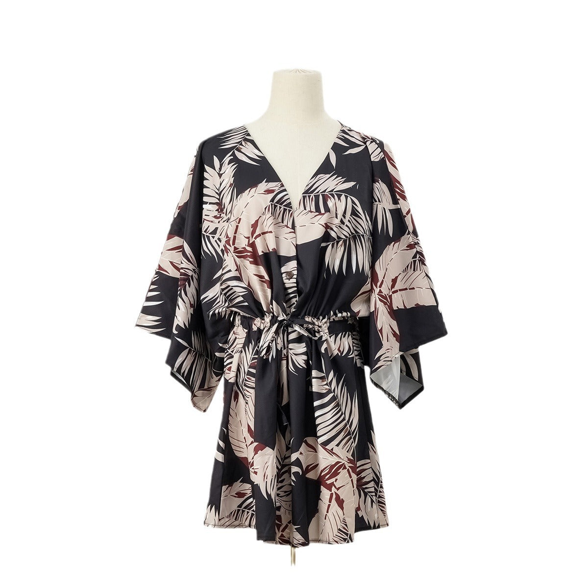 Women's Summer Leaf Print Short Sleeve Short Mini Dress