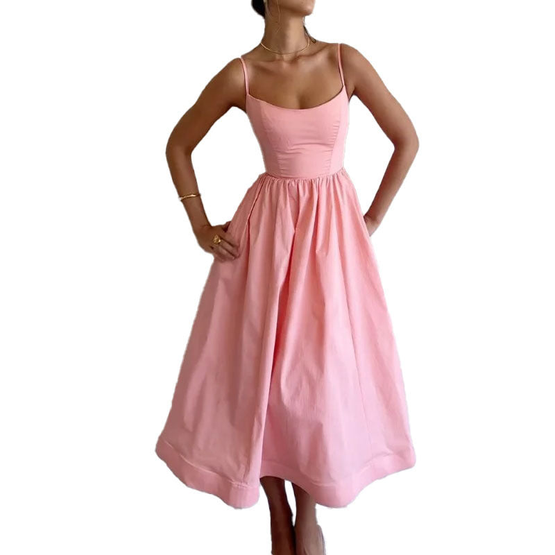 Sexy U-Neck Belted Ruffle Strap Flared Dress