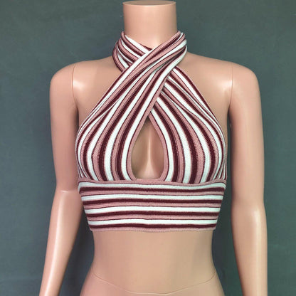 Striped Deep V-Neck Backless Women Tops-STYLEGOING