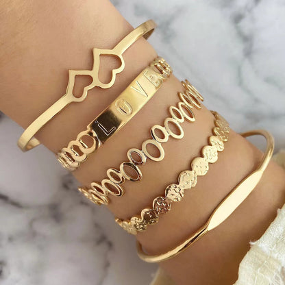 5-Piece Bracelet Set – LOVE Letter Open Bangle & Double Heart Bracelet (Boho Chic Jewelry)