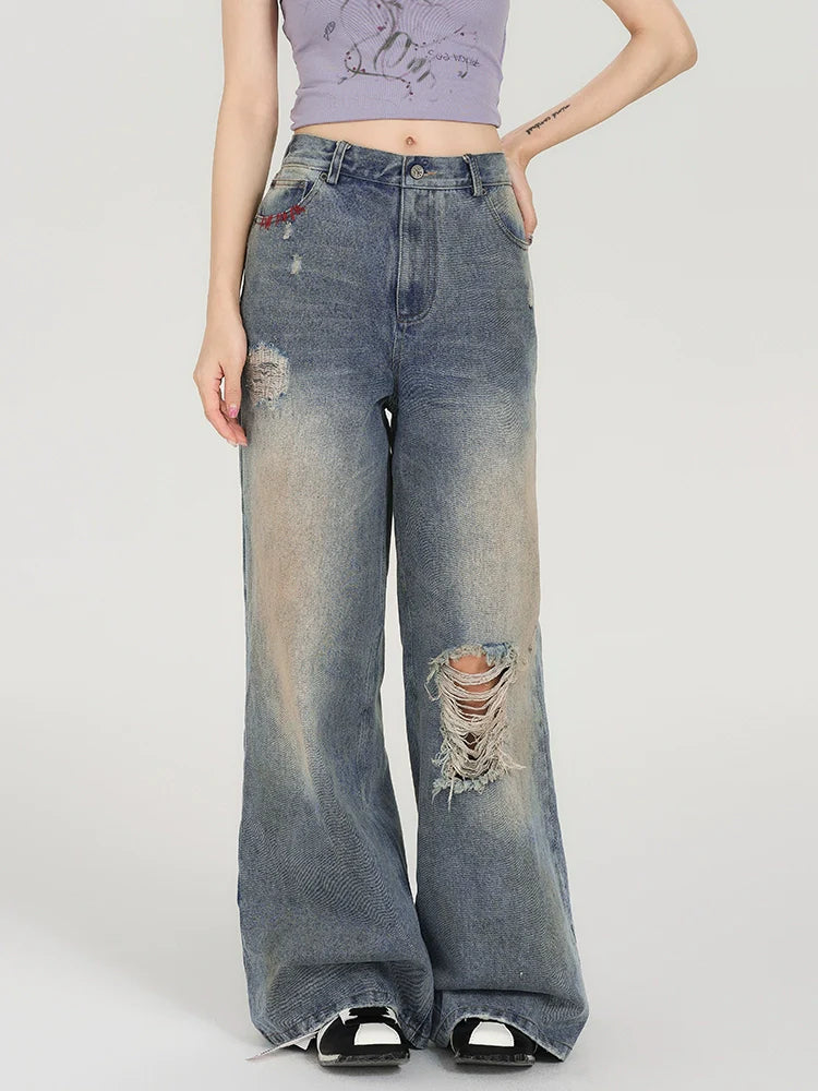 Girlyhalo Women's Retro Washed Distressed Straight-Leg Jeans-S-Blue-Free Shipping Leatheretro