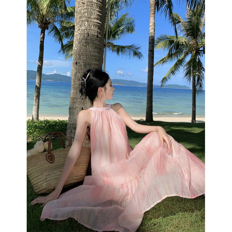 Sweet & Stylish Tie-Front Halter Sundress – Oversized Pink Tie-Dye Maxi Dress-Pink-S-Free Shipping Leatheretro