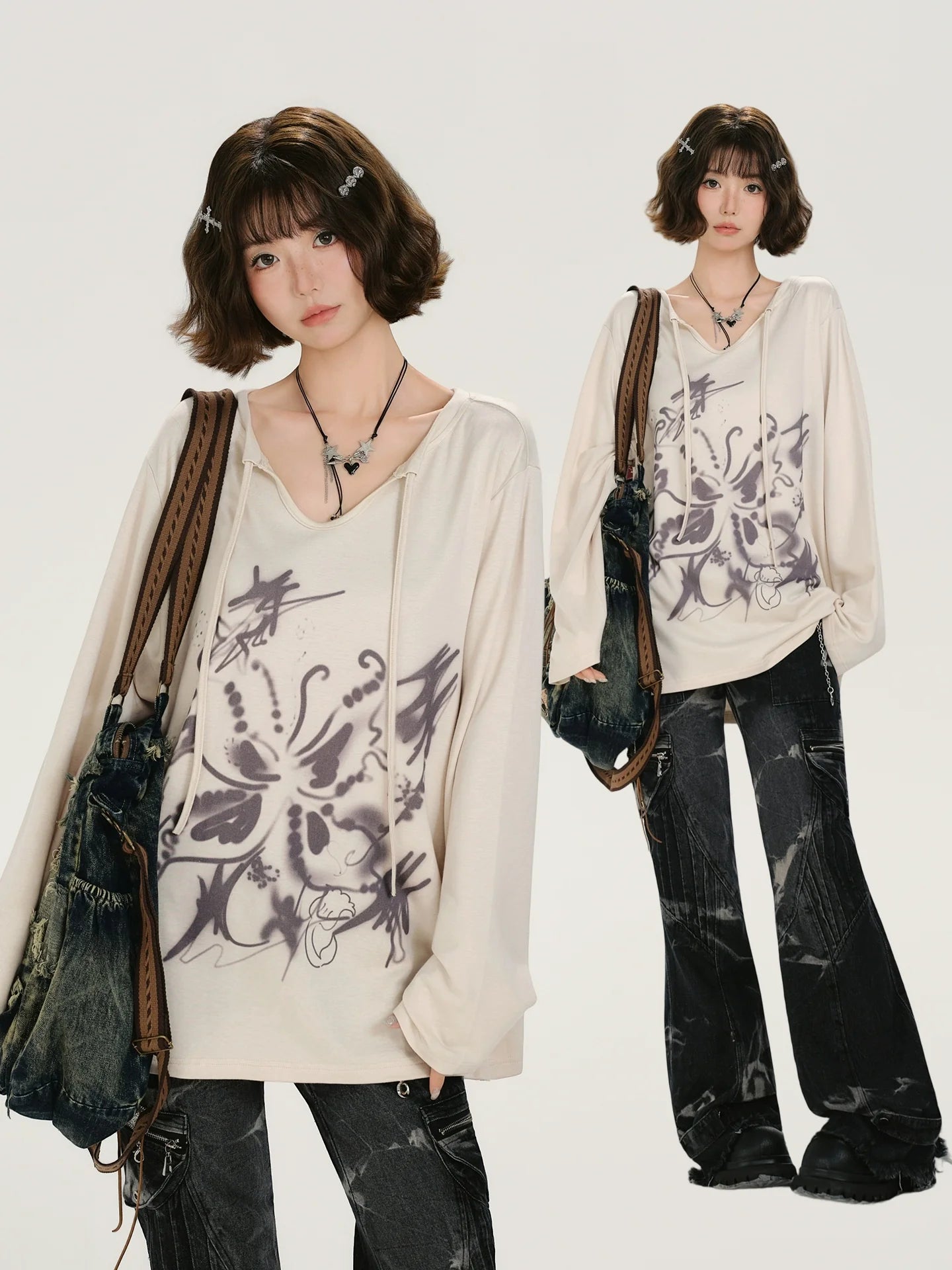 Girlyhalo Retro Print Long Sleeve T-Shirt