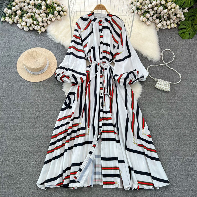 Retro Palace Style Lantern Sleeve Round Neck A-Line Floral Print Button-Down Waist Dress