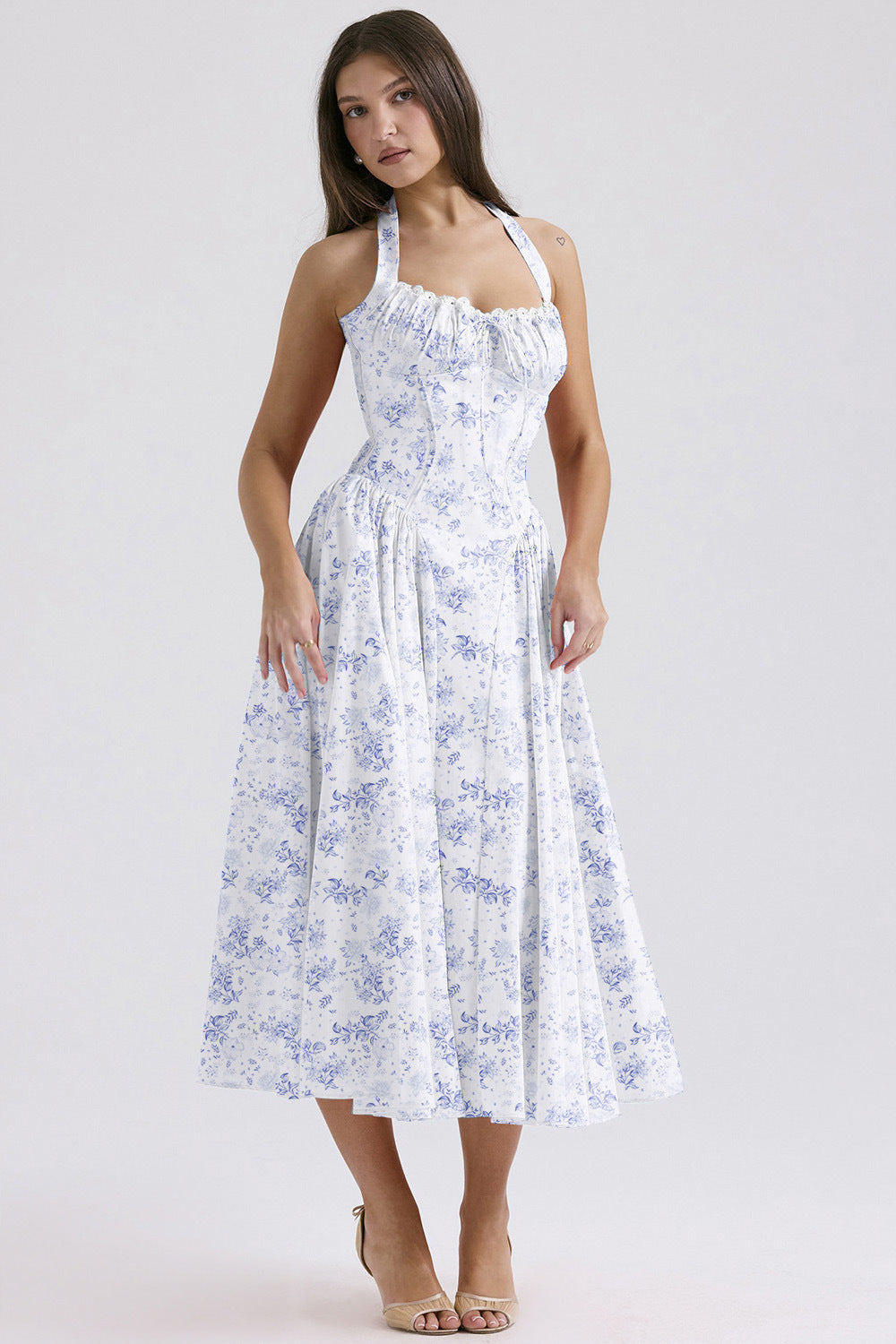 Women's Summer Floral Print Bodycon Halter Neck Maxi Dress