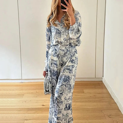 Printed Stand Collar Batwing Sleeve Loose Top with High-Waisted Wide-Leg Pant