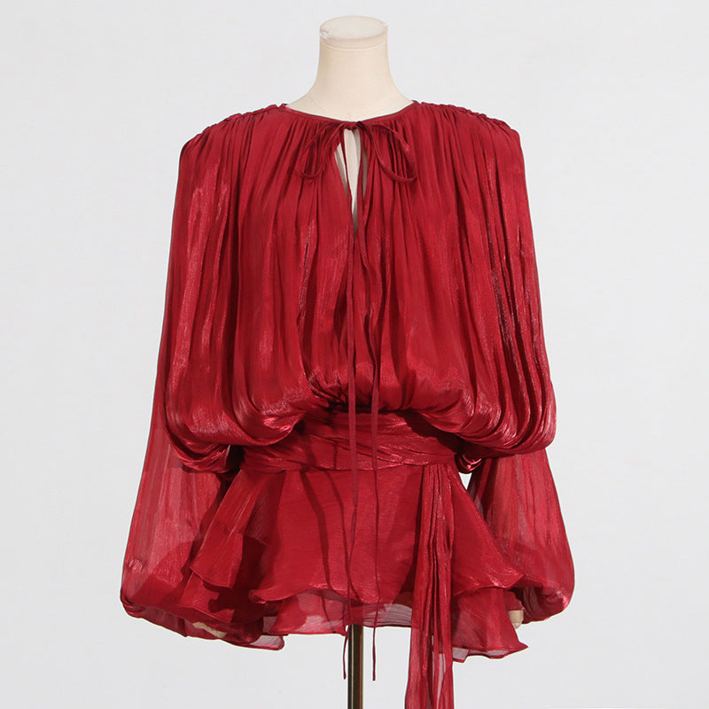 Designed Sweet Style Beach Dress – Loose Fit Long Sleeve Wrap Belt Waist Mini Dress