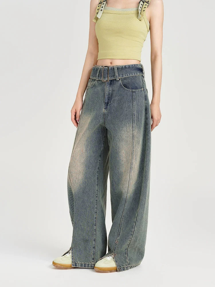 Girlyhalo Women's Vintage Washed Wide-Leg Jeans-S-Blue-Free Shipping Leatheretro