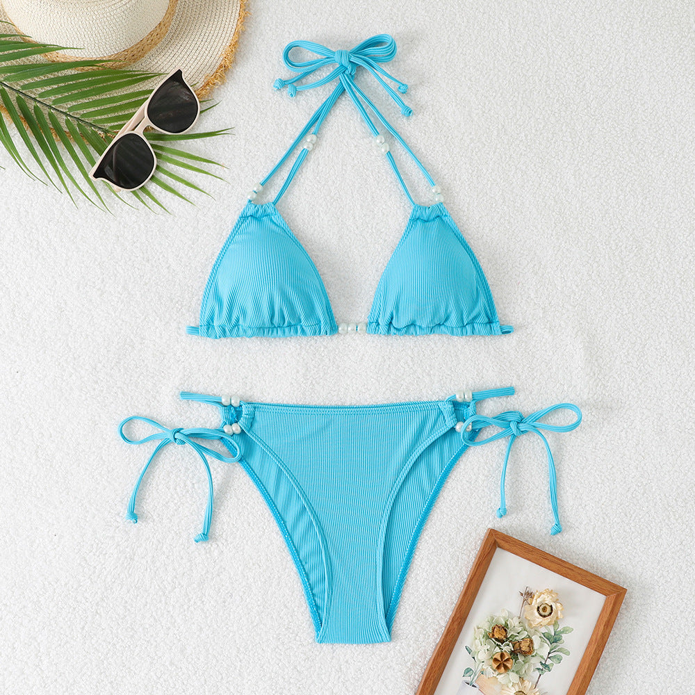 Pearl Strap Hollow-Out Bikini Set – Sexy Three-Piece Women's Swimwear