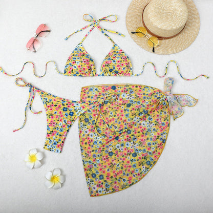 Print Bikini Three-Piece Set – Sheer Skirt Separates, Sexy Vacation Swimwear