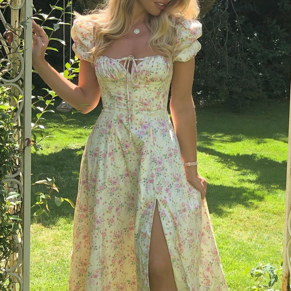 Floral Print French Style Backless Slim Fit Slit Dress