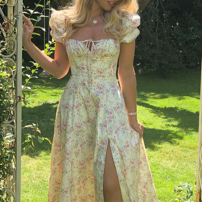 Floral Print French Style Backless Slim Fit Slit Dress