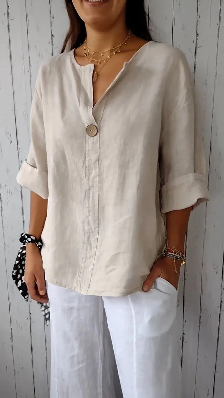 Women's Summer Loose-Fit V-Neck Cotton Linen Button-Up T-Shirt