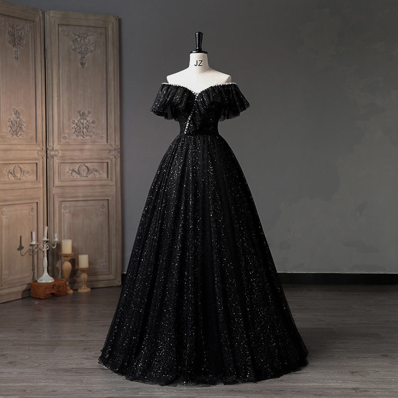 Elegant One-Shoulder Black Evening Gown with V-Neck