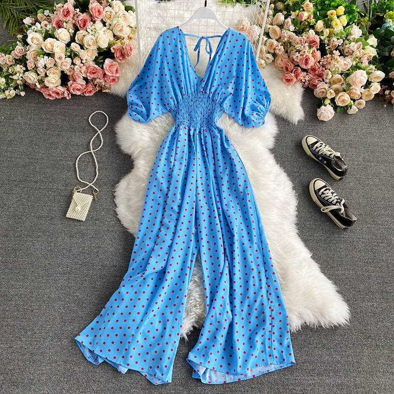 Women's Sexy V-Neck Batwing Sleeve Waist-Cinching Slimming Polka Dot Print Jumpsuit