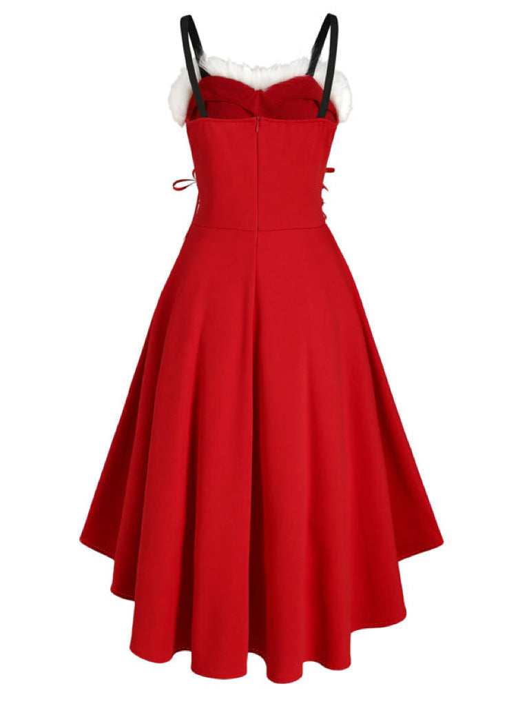 Christmas Party Bunny Outfit - Faux Fur Trim Off-Shoulder Bow Dress