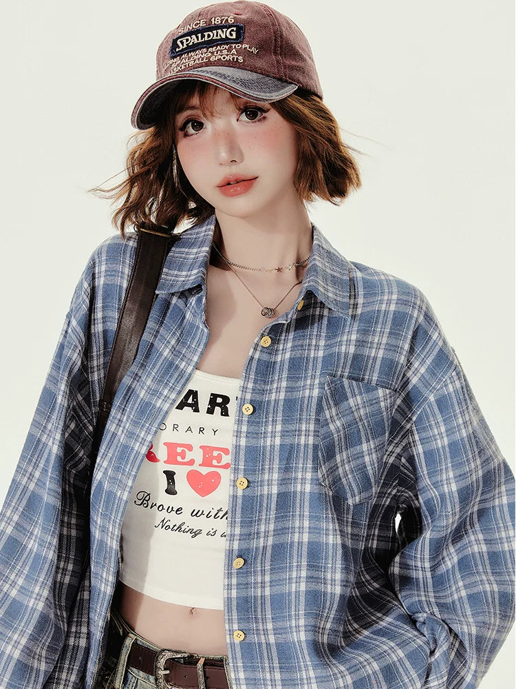 Girlyhalo Women's Blue Plaid Shirt - Oversized Fall Shacket for a Youthful Look