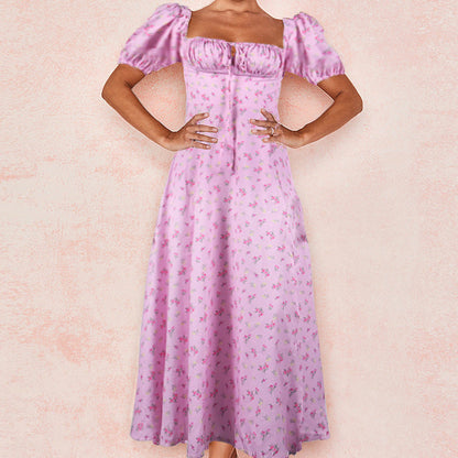 Floral Print French Style Backless Slim Fit Slit Dress