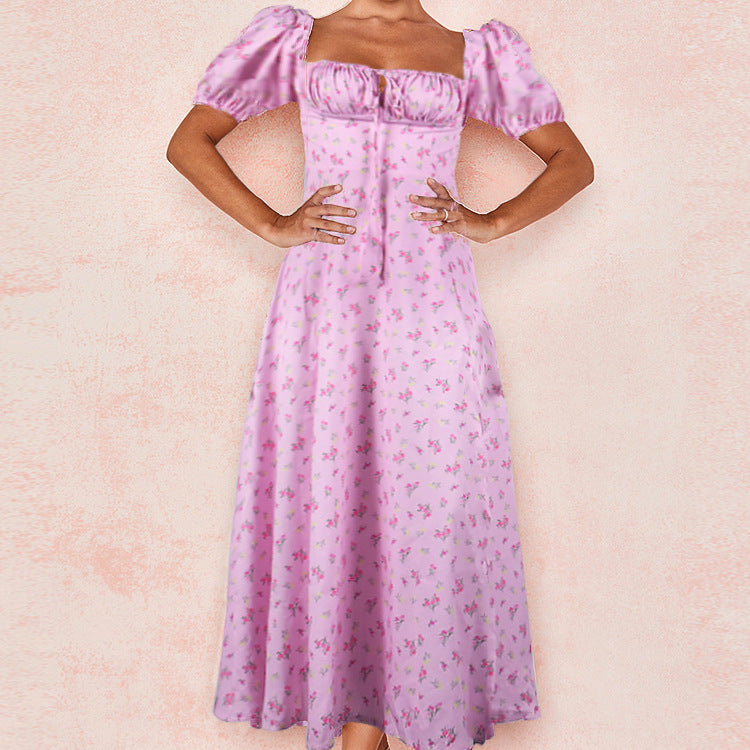 Floral Print French Style Backless Slim Fit Slit Dress