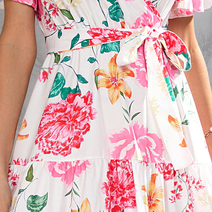 Women's Summer Floral V-Neck Waist-Tie Midi Short Sleeve Dress