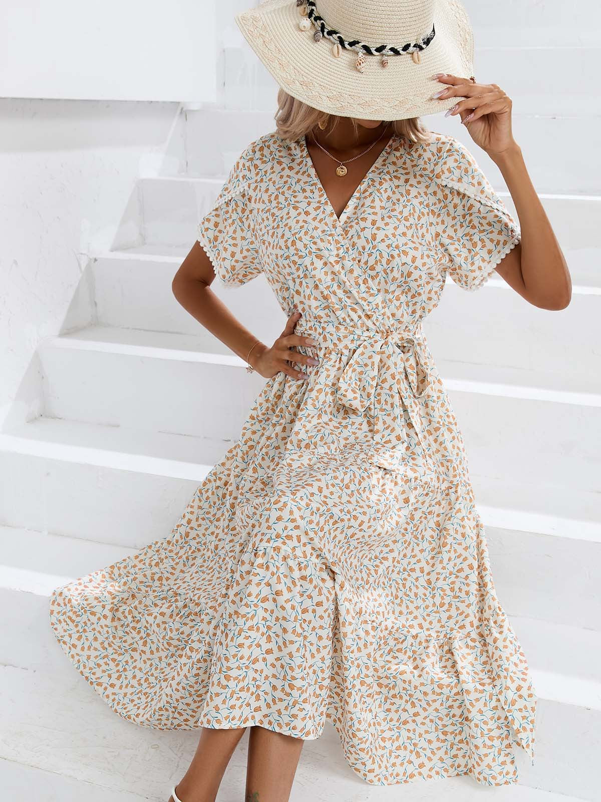 Women's Summer Floral V-Neck Split Hem Top