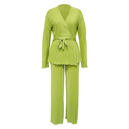 Casual V Neck Long Sleeves Tops and Pants Two Pieces Suits