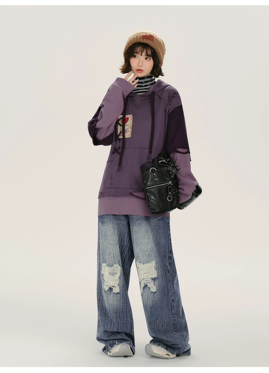 Retro Distressed Design Fake Two-Piece Hooded Sweatshirt