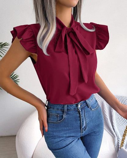 Solid Color Ruffled Tie-Bow Blouse – Elegant Women’s Shirt