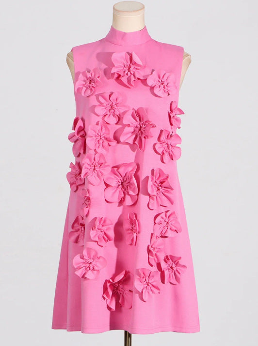 Retro Summer Stand Collar, Sleeveless Dresses with 3D Floral Details