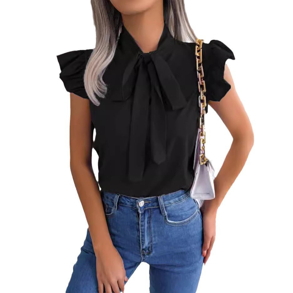 Solid Color Ruffled Tie-Bow Blouse – Elegant Women’s Shirt