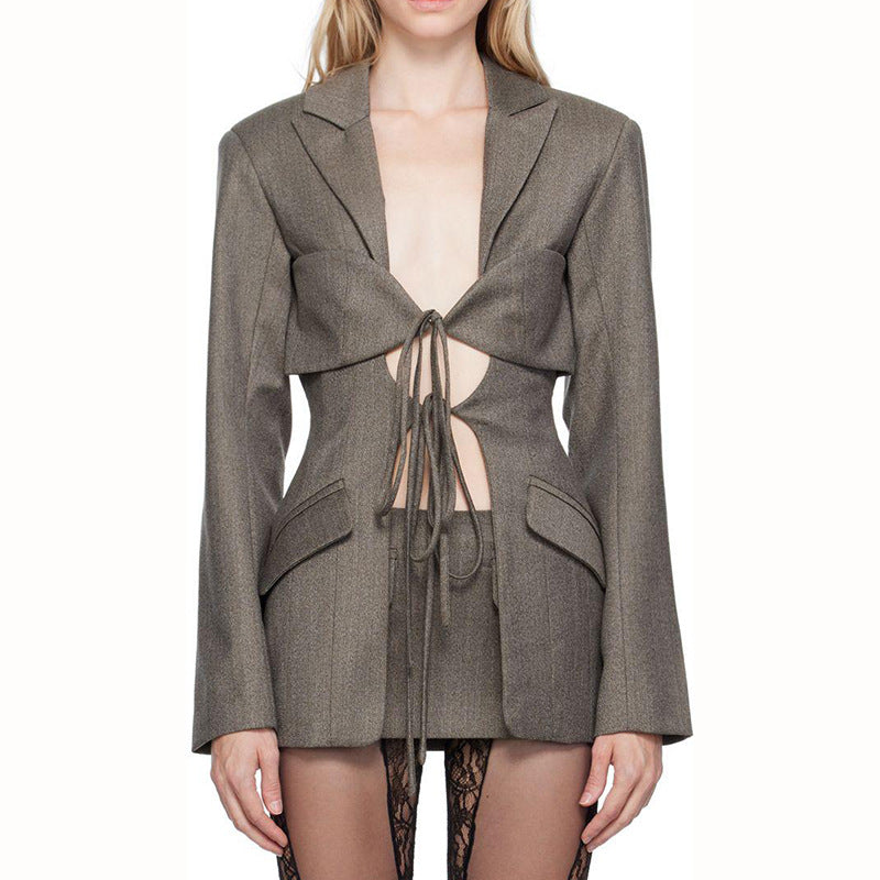 Women's Designer V-Neck Lace-Up Belted Asymmetrical Blazer Jacket