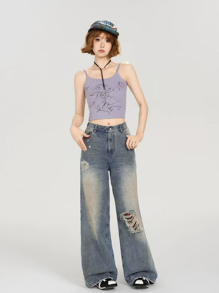 Girlyhalo Women's Retro Washed Distressed Straight-Leg Jeans-S-Blue-Free Shipping Leatheretro