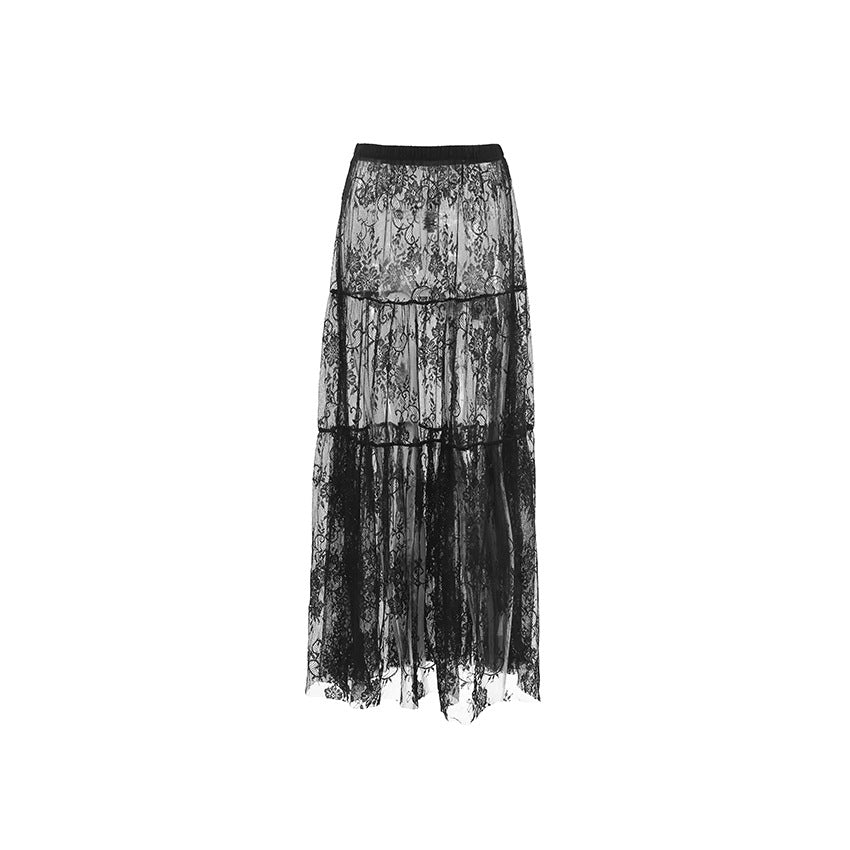 Black Sheer Lace High Waist Pencil Skirt