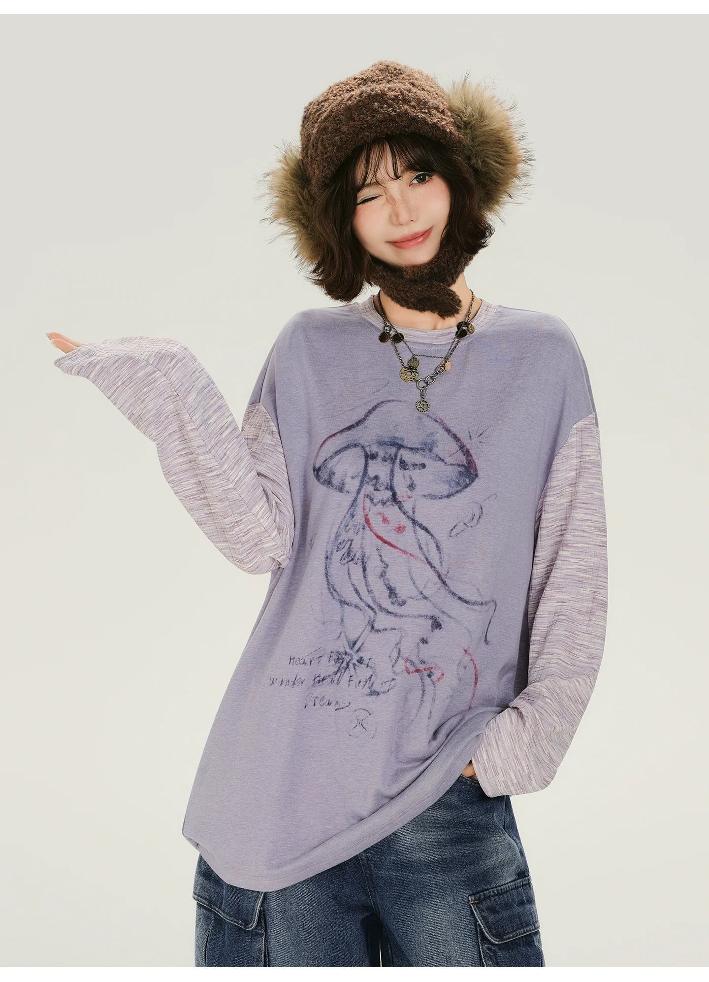 Girlyhalo Retro Color-Block Jellyfish Print Long Sleeve T-Shirt