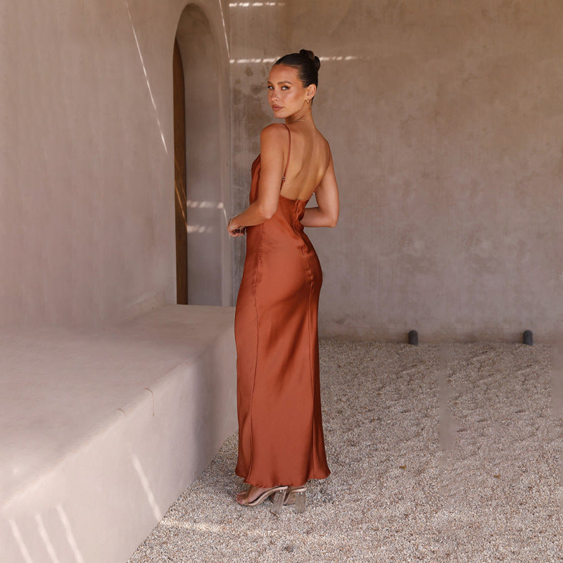 Slim Fit Deep V-Neck Sleeveless Solid Color Dress