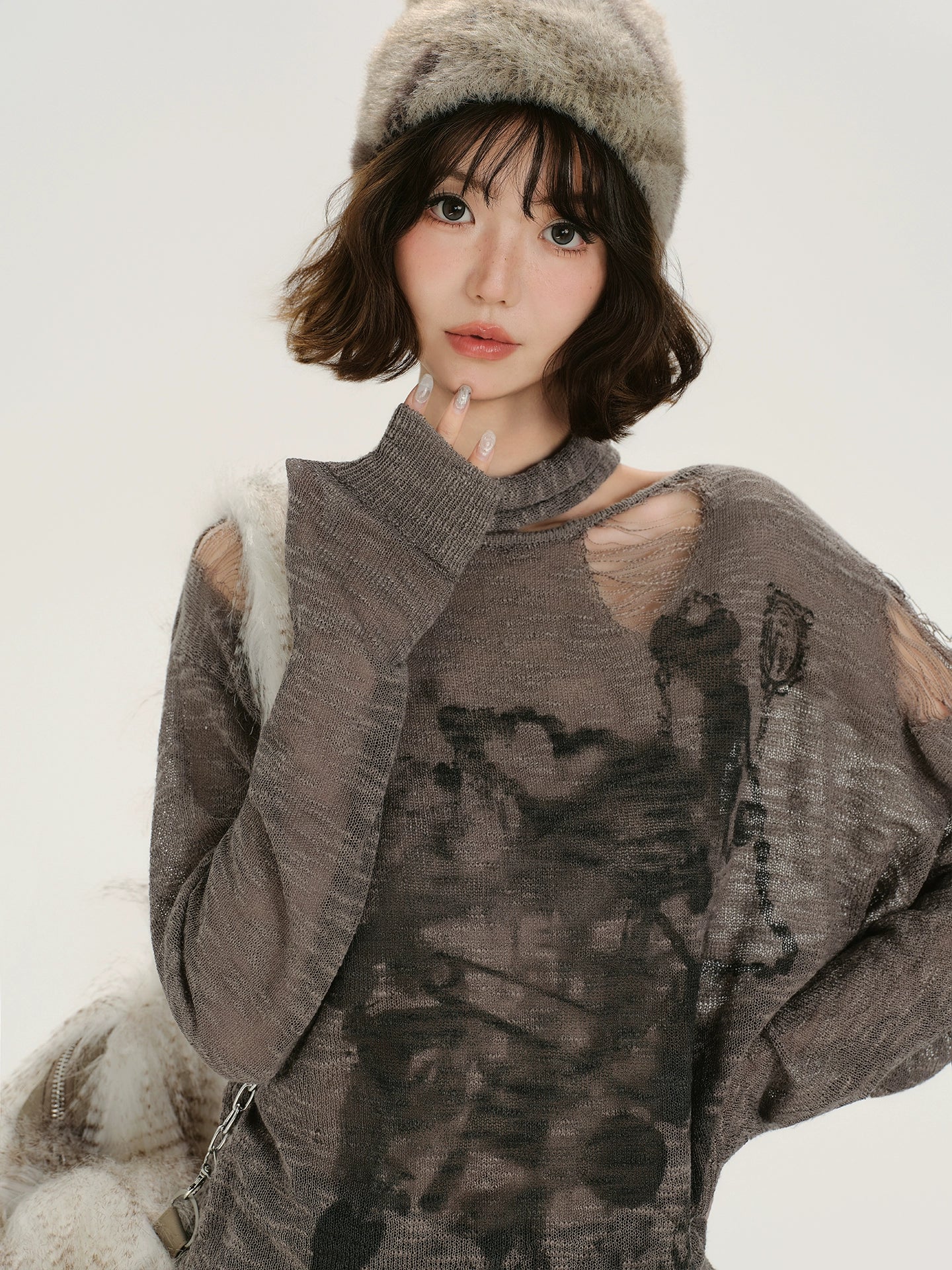 Girlyhalo Retro Baddie Print Distressed Long Sleeve Sweater