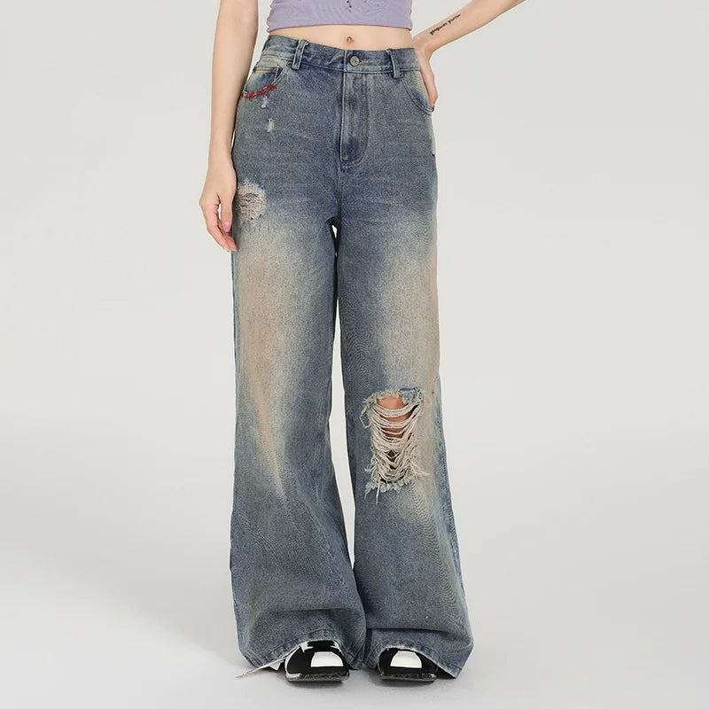 Girlyhalo Women's Retro Washed Distressed Straight-Leg Jeans-S-Blue-Free Shipping Leatheretro