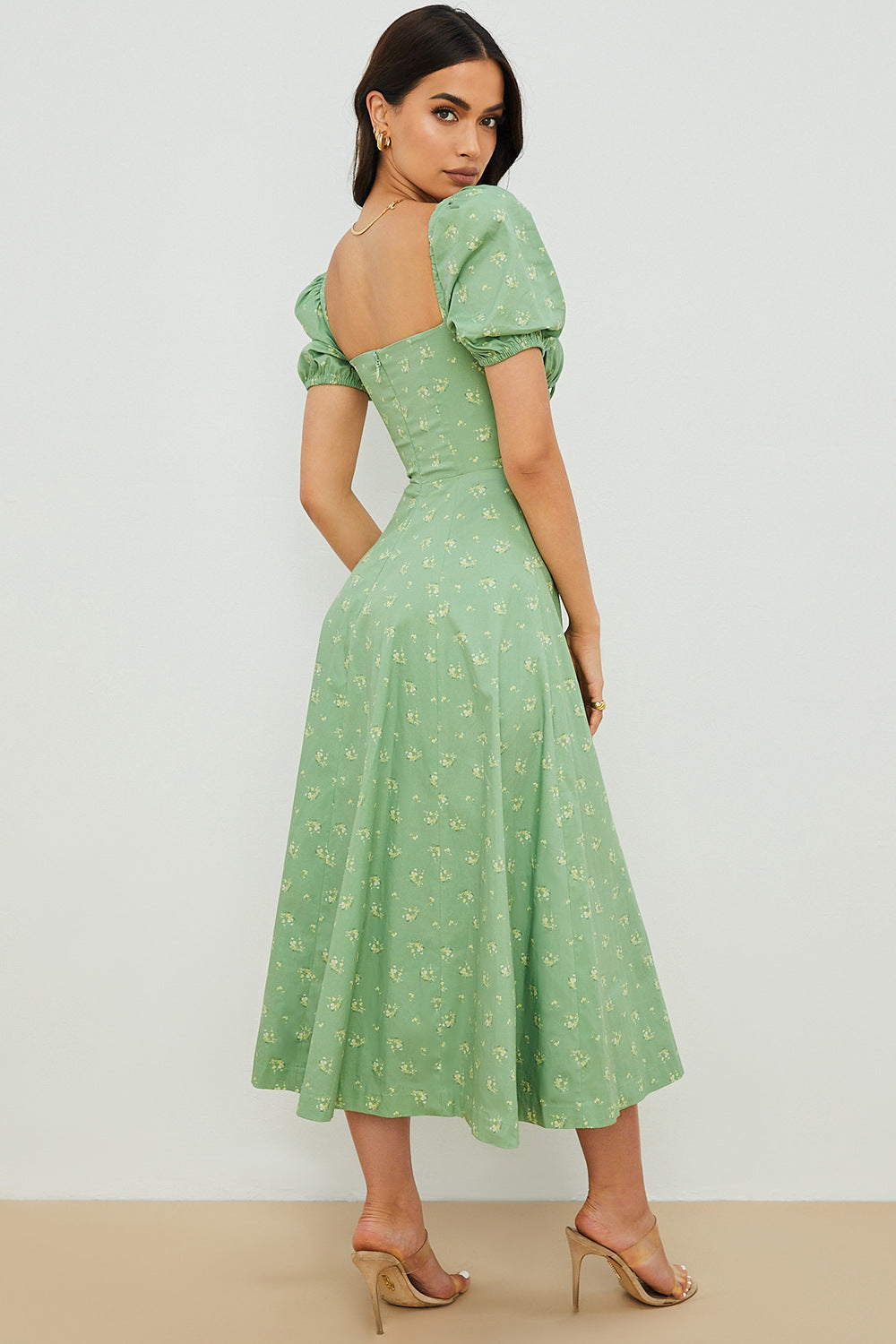 Women's Floral Wrap Slit Maxi Dress with Puff Sleeves