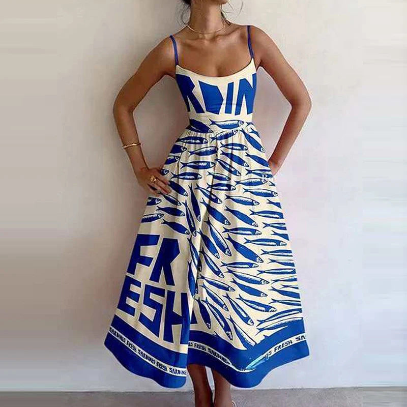Sexy U-Neck Belted Ruffle Strap Flared Dress