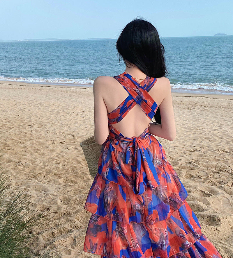 Halter Neck Printed Maxi Dress – High Waist, Backless Beach Cover-Up