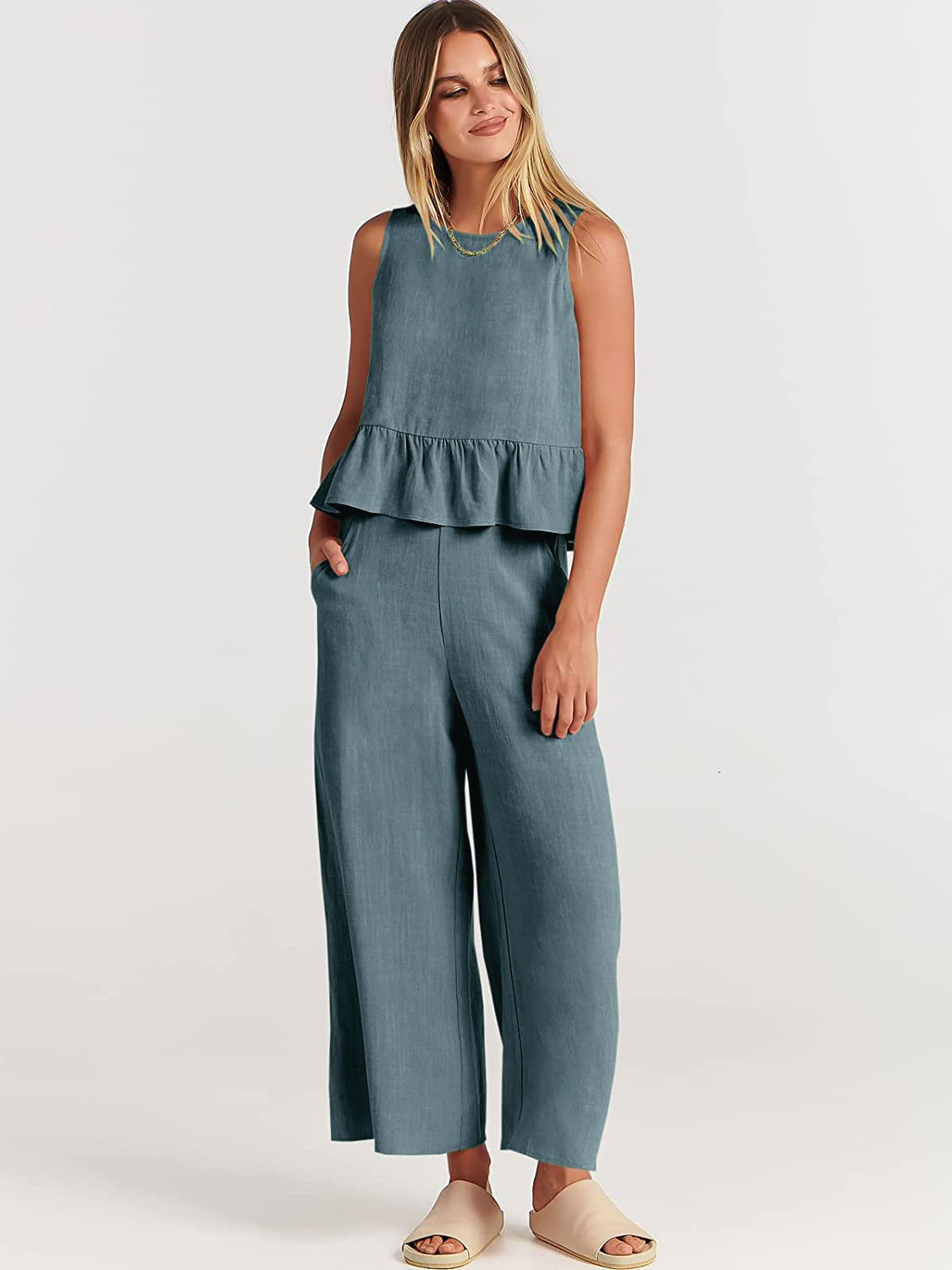 Women's Summer Sleeveless Pleated Vest & Wide-Leg Cropped Pants Casual Set