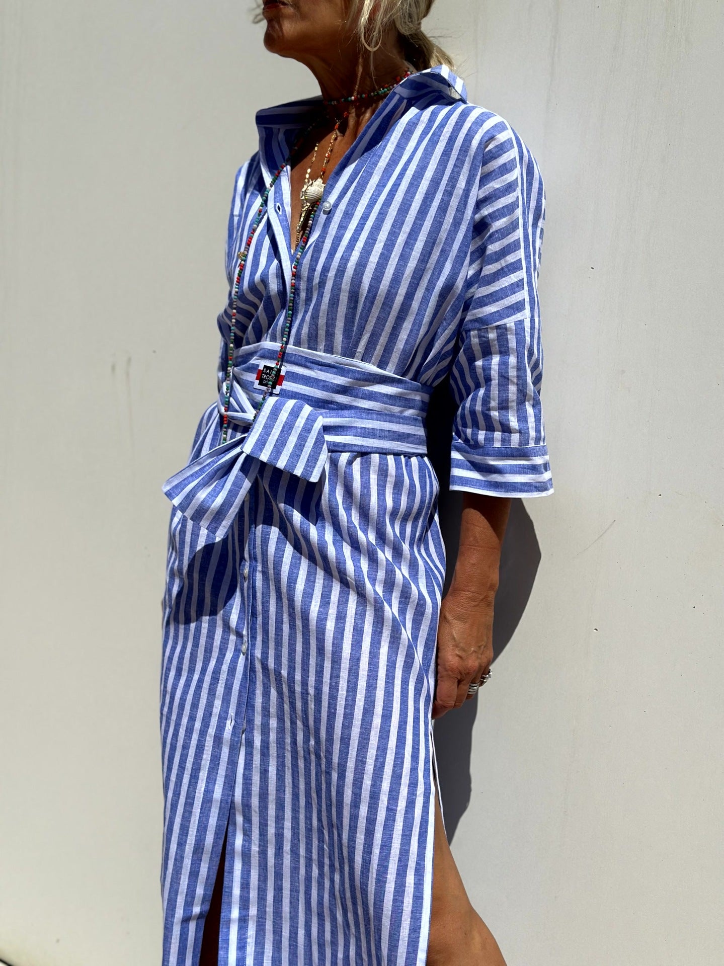 Women's half Sleeve Striped Button-Down Shirt Dress with Lapel Collar