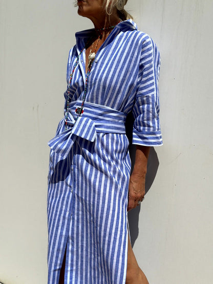 Women's half Sleeve Striped Button-Down Shirt Dress with Lapel Collar